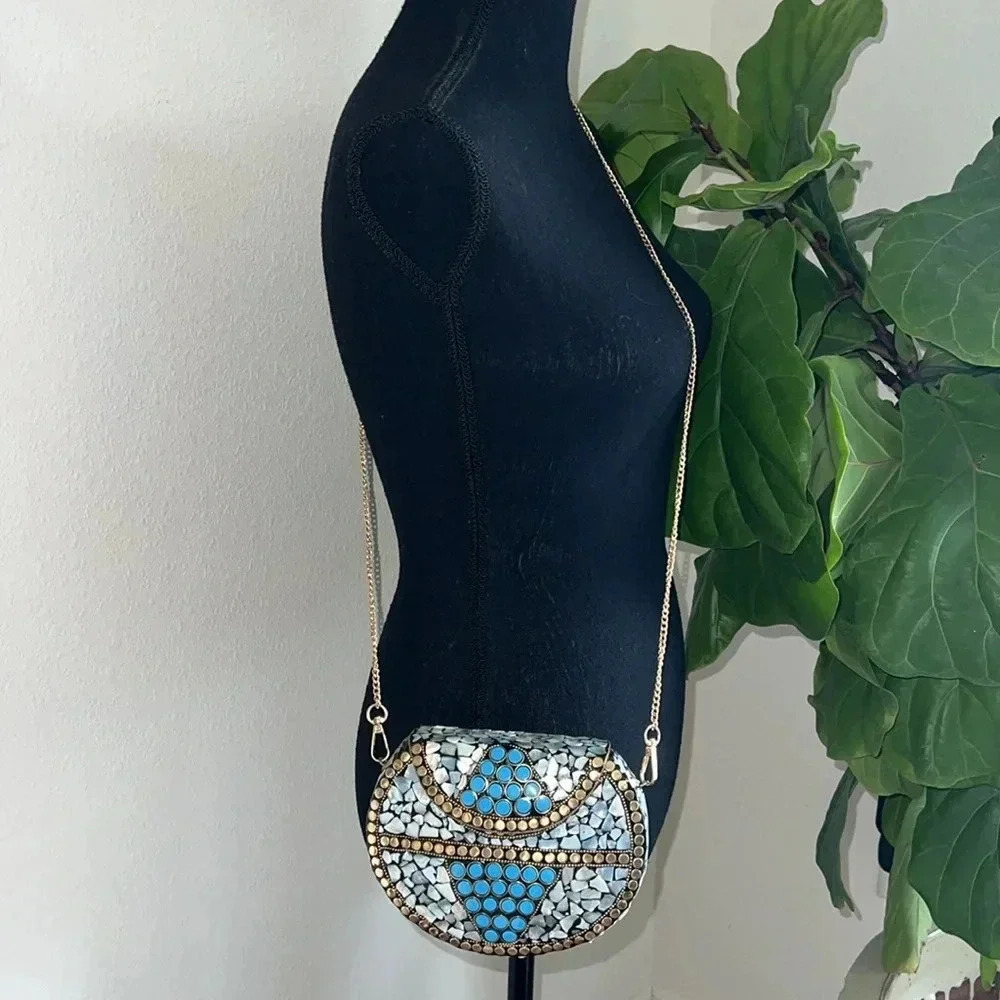 RAMLA Women’s Turquoise Mother of Pearl Mosaic Handmade Shoulder Bag/Clutch